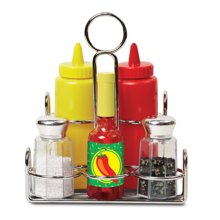 An assembled or decorated the Melissa & Doug Condiments Play Set (6 pcs) - Play Food, Stainless Steel Caddy