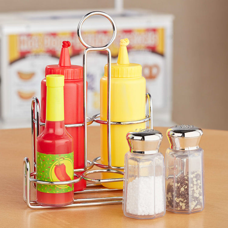 the Melissa & Doug Condiments Play Set (6 pcs) - Play Food, Stainless Steel Caddy