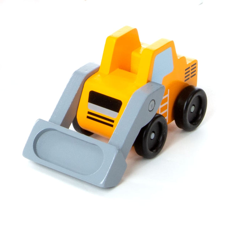 A child on white background with the Melissa & Doug Construction Vehicle Wooden Play Set (8 pcs)