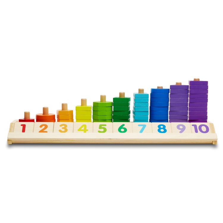 An assembled or decorated the Melissa & Doug Counting Shape Stacker - Wooden Educational Toy With 55 Shapes and 10 Number Tiles