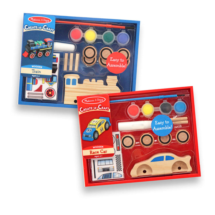 A kid playing with the Melissa & Doug Decorate-Your-Own Wooden Train and Race Car Craft Kits, Set of 2