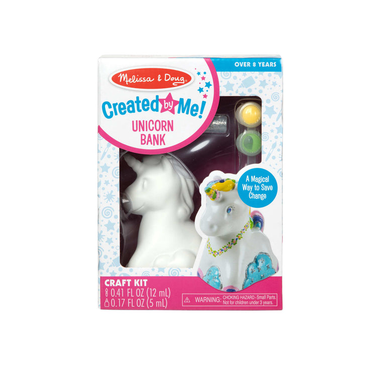 The front of the box for the Melissa & Doug Created by Me! Decorate-Your-Own Unicorn Bank Craft Kit With 6 Pots of Paint, Glitter Glue, Paintbrush