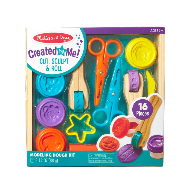 The front of the box for the Melissa & Doug Created by Me! Cut, Sculpt, and Roll Modeling Dough Kit With 8 Tools and 4 Colors of Modeling Dough