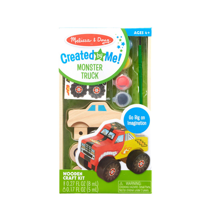 The front of the box for the Melissa & Doug Created by Me! Monster Truck Wooden Craft Kit