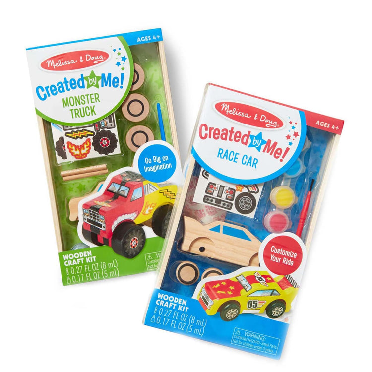 The front of the box for the Melissa & Doug Decorate-Your-Own Wooden Craft Kits Set - Race Car and Monster Truck