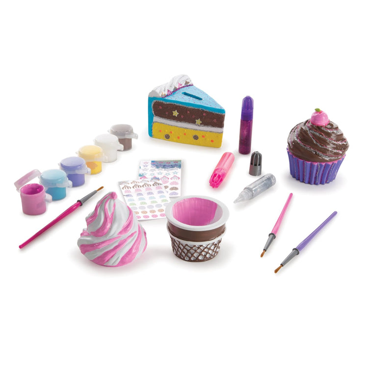 The loose pieces of the Melissa & Doug Sweet Keepsakes Craft Kit: 2 Decorate-Your-Own Treasure Boxes and a Cake Bank