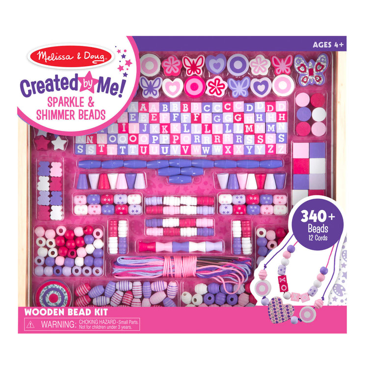 The front of the box for the Melissa & Doug Sparkle & Shimmer Wooden Bead Set: 340 Beads and 12 Laces for Jewelry-Making