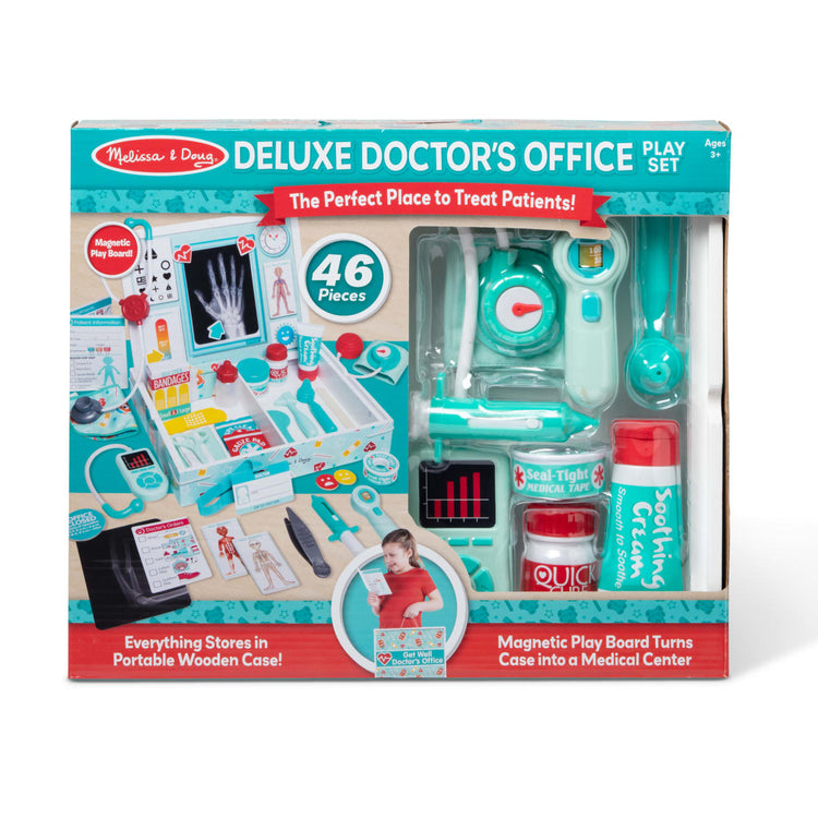 the Melissa & Doug Deluxe Doctor’s Office Play Set with Take-Along Wooden Case and Magnetic Play Board – 46 Pieces
