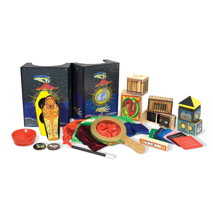 The loose pieces of the Melissa & Doug Deluxe Solid-Wood Magic Set With 10 Classic Tricks