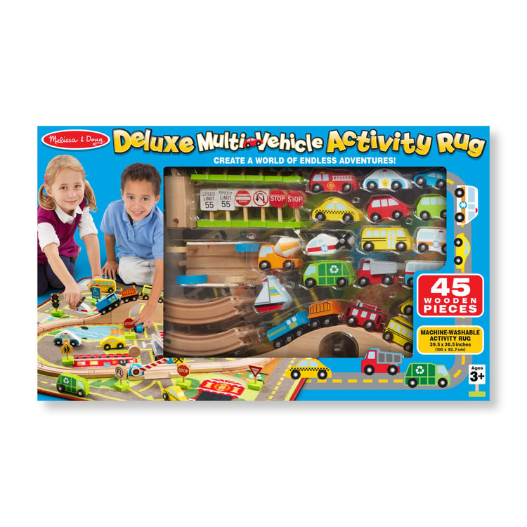 the Melissa & Doug Deluxe Multi-Vehicle Activity Rug (39.5" x 36.5") - 19 Vehicles, 12 Wooden Signs, Train Tracks