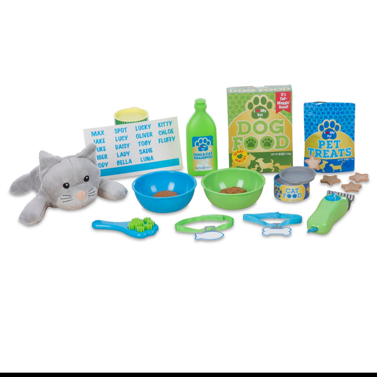 the Melissa & Doug Deluxe Pet Care Vet, Grooming, Feeding Play Set – 32 Pieces, Plush Stuffed Dog and Cat