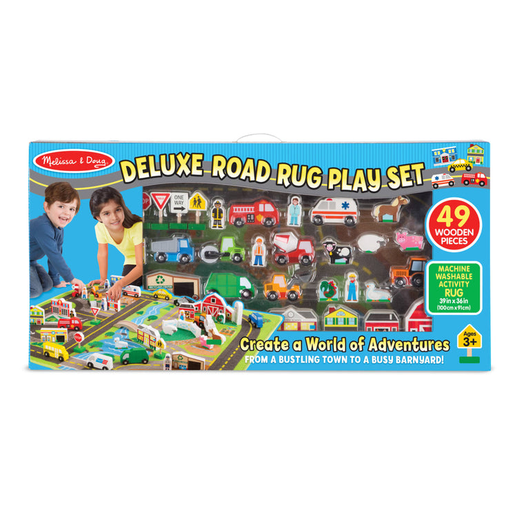 the Melissa & Doug Deluxe Activity Road Rug Play Set with 49 Wooden Vehicles and Play Pieces