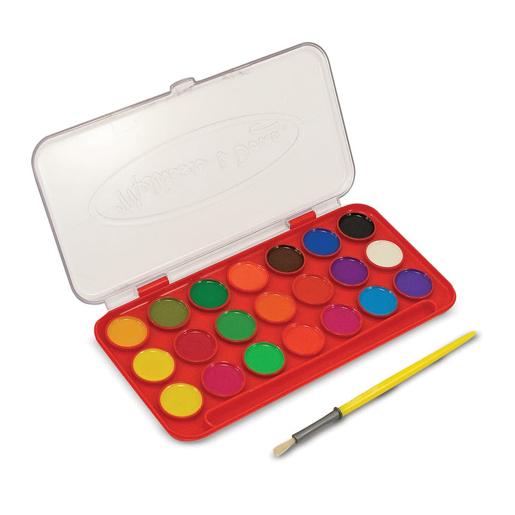 The loose pieces of the Melissa & Doug Deluxe Watercolor Paint Set With 21 Paints and Paintbrush