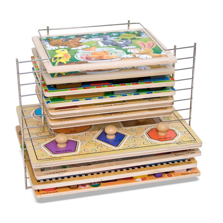 An assembled or decorated the Melissa & Doug Deluxe Metal Wire Puzzle Storage Rack for 12 Small and Large Puzzles