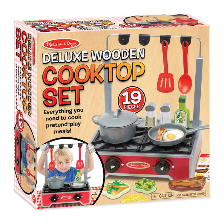the Melissa & Doug 19-Piece Deluxe Wooden Cooktop Set With Wooden Play Food, Durable Pot and Pan