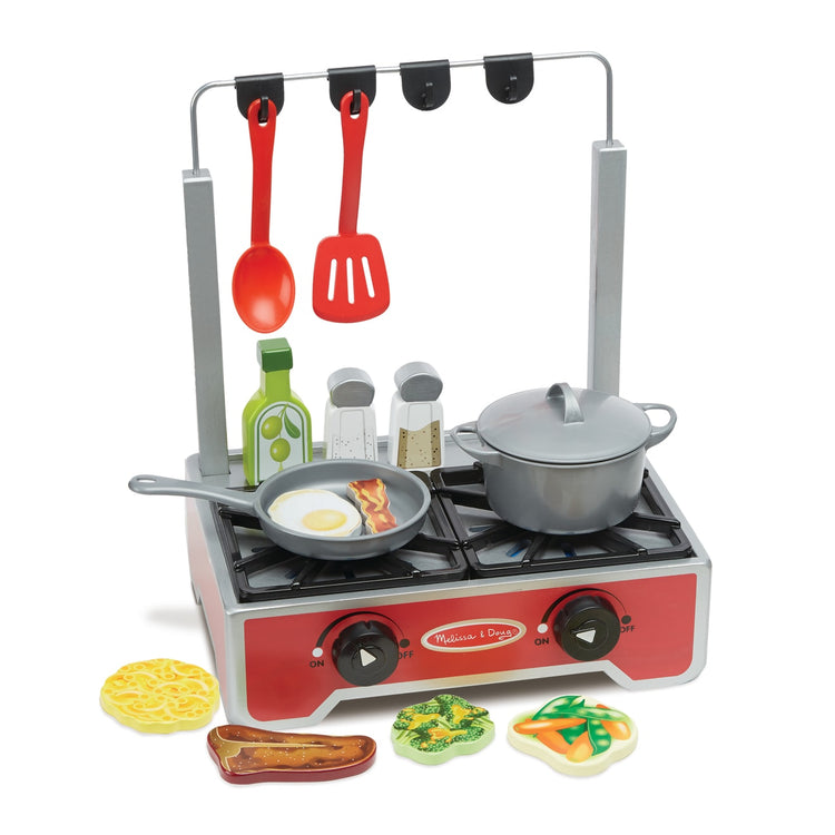 The loose pieces of the Melissa & Doug 19-Piece Deluxe Wooden Cooktop Set With Wooden Play Food, Durable Pot and Pan