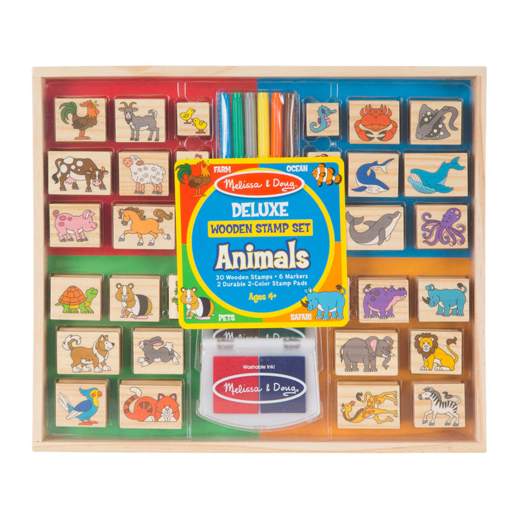 The front of the box for the Melissa & Doug Deluxe Wooden Stamp Set: Animals - 30 Stamps, 6 Markers, 2 Stamp Pads