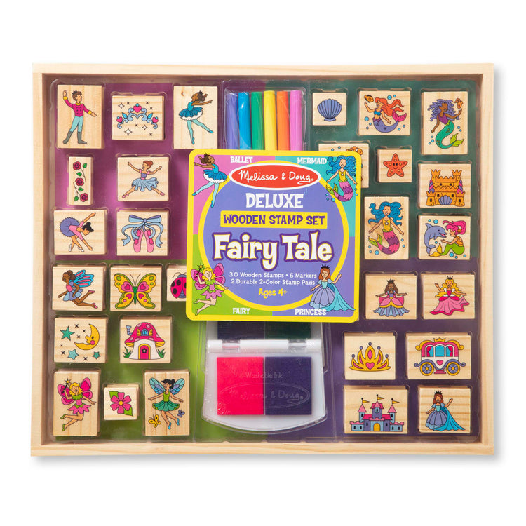 The front of the box for the Melissa & Doug Deluxe Wooden Stamp and Coloring Set – Fairy Tale (30 Stamps, 6 Markers, 2 Durable 2-Color Stamp Pads)