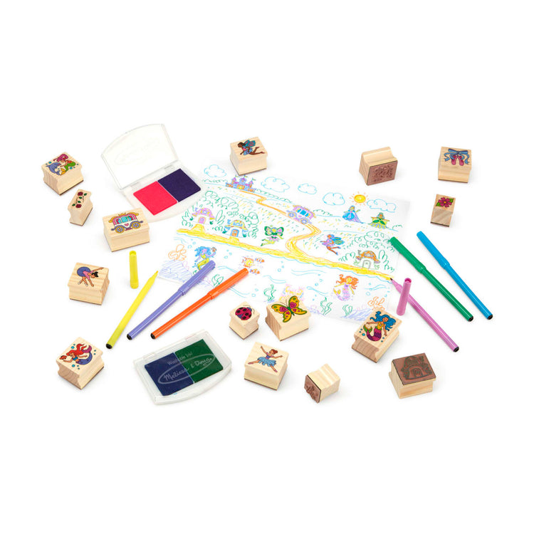 The loose pieces of the Melissa & Doug Deluxe Wooden Stamp and Coloring Set – Fairy Tale (30 Stamps, 6 Markers, 2 Durable 2-Color Stamp Pads)
