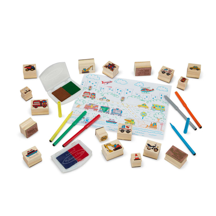 The loose pieces of the Melissa & Doug Deluxe Wooden Stamp and Coloring Set – Vehicles (30 Stamps, 6 Markers, 2 Durable 2-Color Stamp Pads)