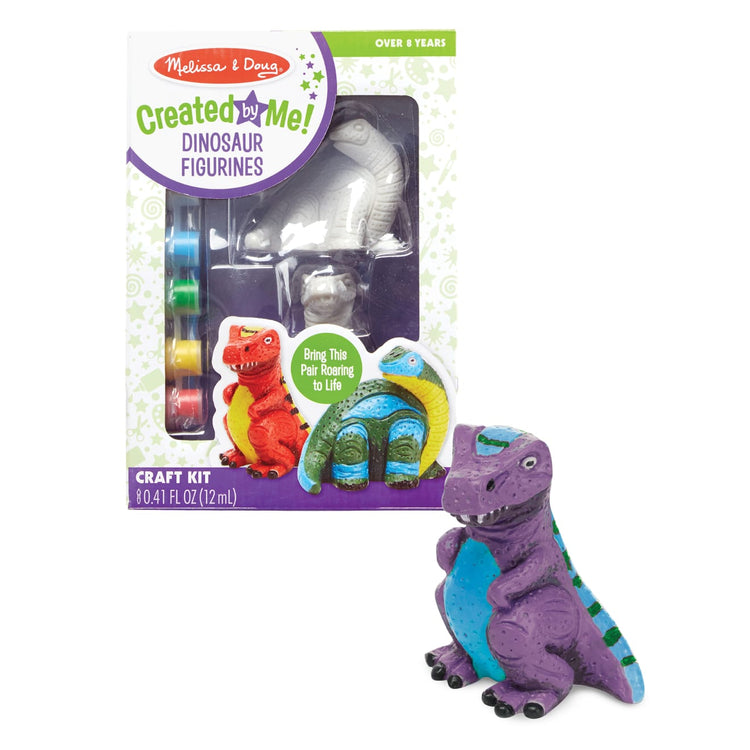 The loose pieces of the Melissa & Doug Created by Me! Dinosaur Figurines Craft Kit (2 Resin Dinosaurs, 6 Paints, Paintbrush)