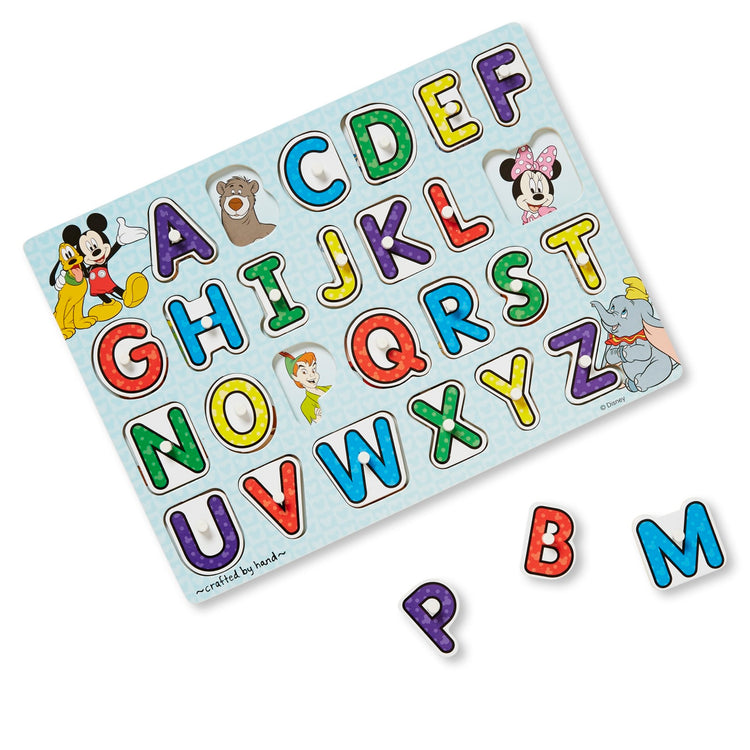 The loose pieces of the Melissa & Doug Disney Classics Alphabet Wooden Peg Puzzle (26 pcs)