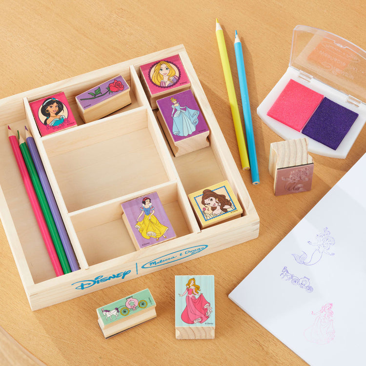 the Melissa & Doug Disney Princess Wooden Stamp Set: 9 Stamps, 5 Colored Pencils, and 2-Color Stamp Pad