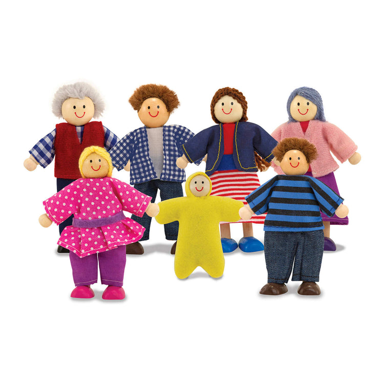 The loose pieces of the Melissa & Doug 7-Piece Poseable Wooden Doll Family for Dollhouse (2-4 inches each)