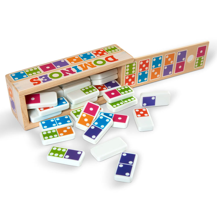 the Melissa & Doug Dominoes Tabletop Game with 28 Colorful Tiles in Wooden Storage Box