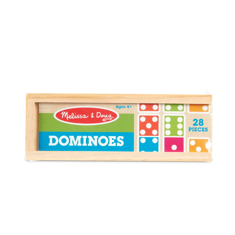 the Melissa & Doug Dominoes Tabletop Game with 28 Colorful Tiles in Wooden Storage Box