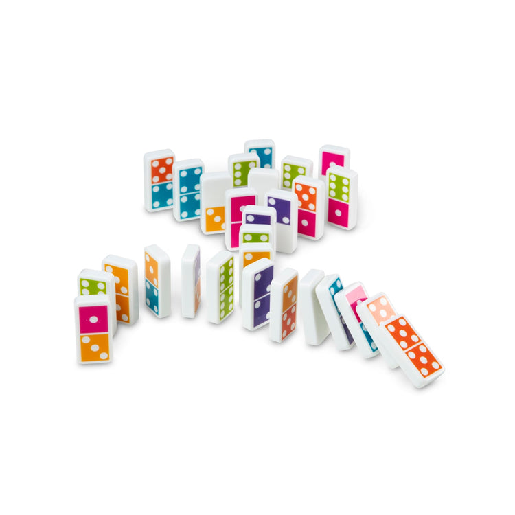 The loose pieces of the Melissa & Doug Dominoes Tabletop Game with 28 Colorful Tiles in Wooden Storage Box