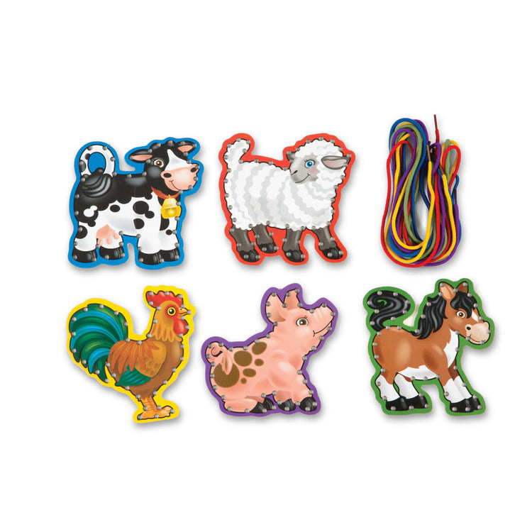 The loose pieces of the Melissa & Doug Lace and Trace Activity Set: 5 Wooden Panels and 5 Matching Laces - Farm