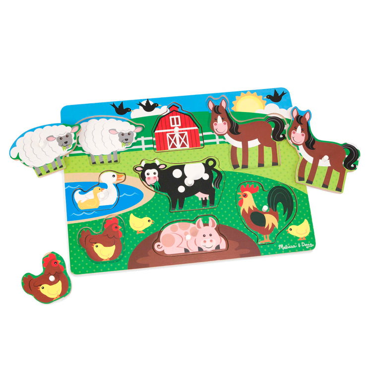 The front of the box for the Melissa & Doug Farm Wooden Peg Puzzle (8 pcs)