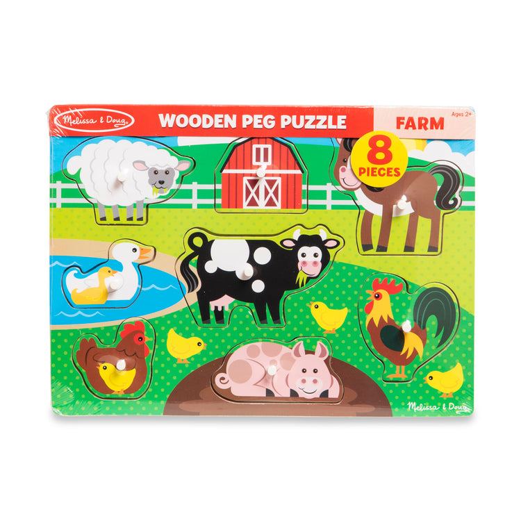 The front of the box for the Melissa & Doug Farm Wooden Peg Puzzle (8 pcs)