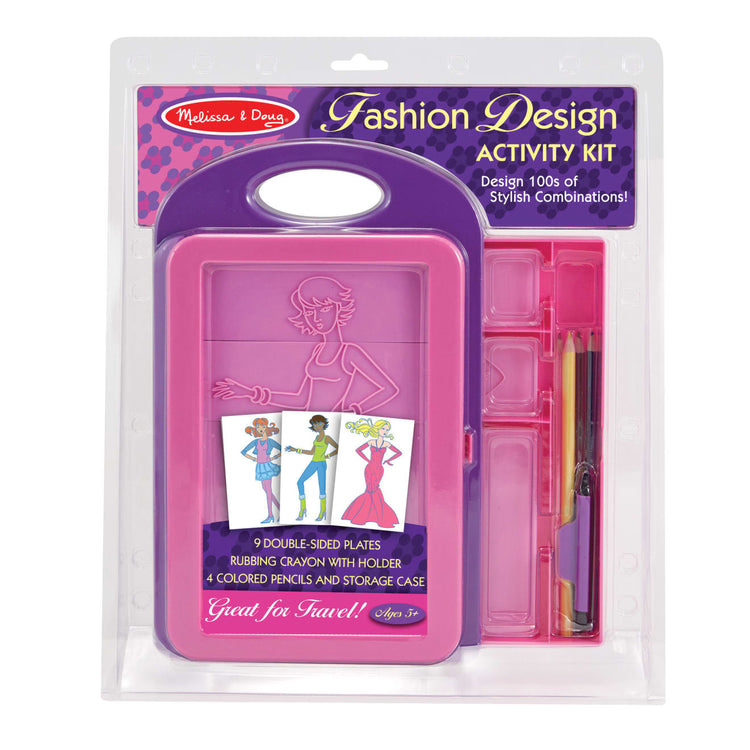The front of the box for the Melissa & Doug Fashion Design Art Activity Kit - 9 Double-Sided Rubbing Plates, 4 Pencils, Crayon
