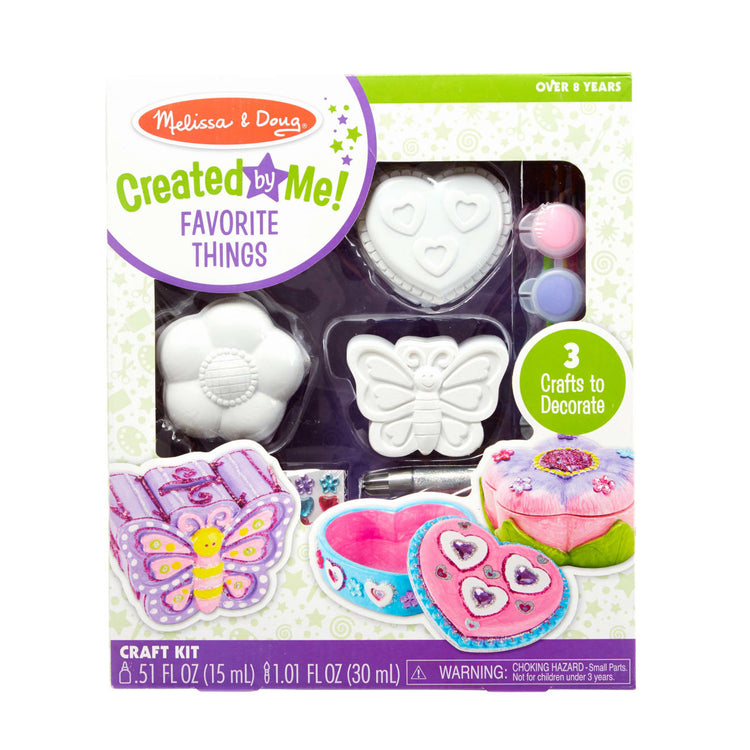 The front of the box for the Melissa & Doug Created by Me! Favorite Things Craft Kits Set:  Decorate-Your-Own Flower and Heart Treasure Boxes and Butterfly Bank