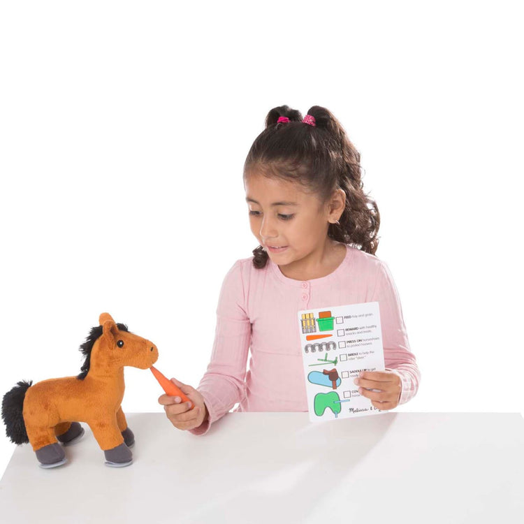 A child on white background with the Melissa & Doug Feed & Groom Horse Care Play Set With Plush Stuffed Animal (23 pcs)