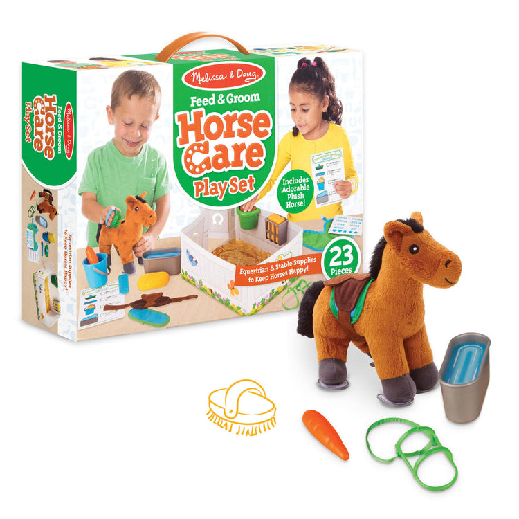 The loose pieces of the Melissa & Doug Feed & Groom Horse Care Play Set With Plush Stuffed Animal (23 pcs)