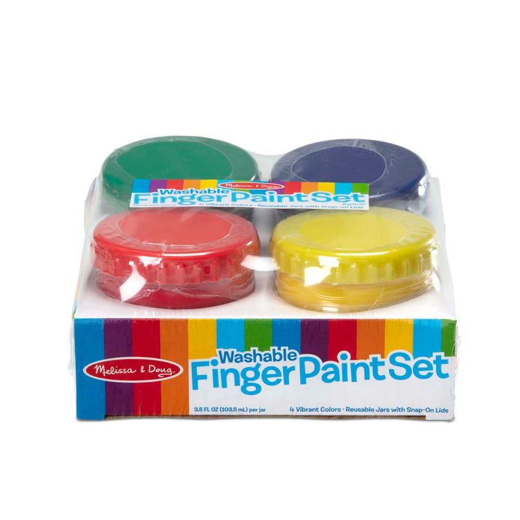 The front of the box for the Melissa & Doug Finger Paint Set (4 pcs) - Red, Yellow, Blue, Green