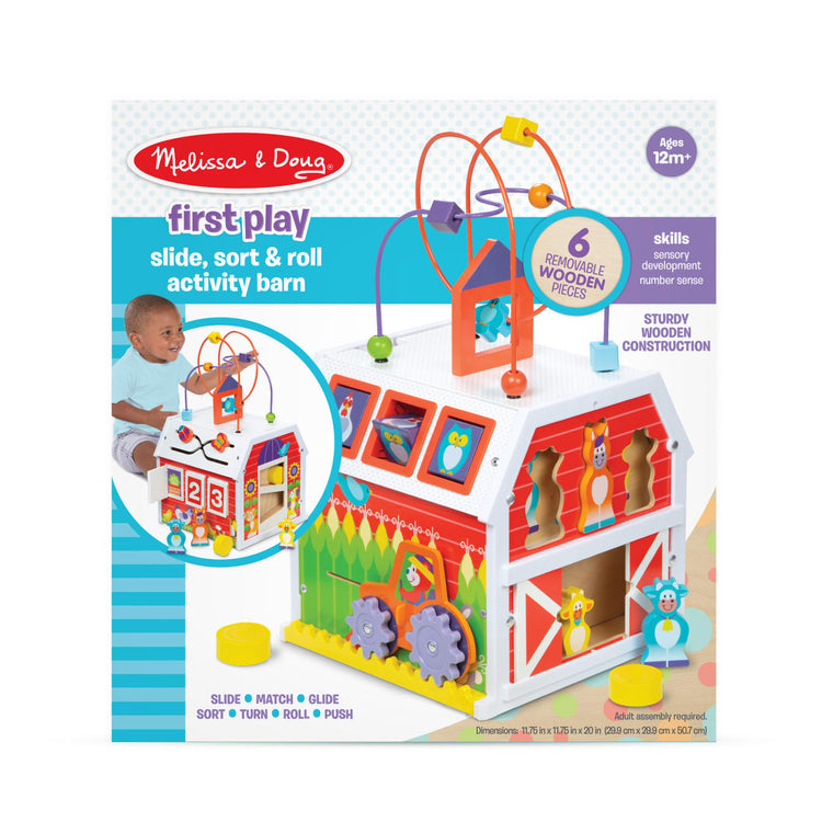 the Melissa & Doug First Play Slide, Sort & Roll Wooden Activity Barn with Bead Maze, 6 Wooden Play Pieces (11.75” x 11.75” x 20” Assembled)