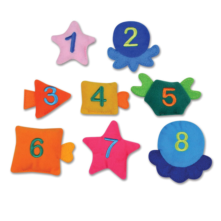 The loose pieces of the Melissa & Doug K's Kids Fish and Count Learning Game With 8 Numbered Fish to Catch and Release