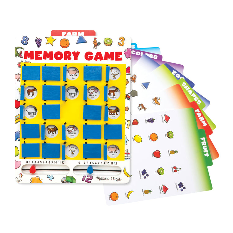 The loose pieces of the Melissa & Doug Flip to Win Travel Memory Game - Wooden Game Board, 7 Double-Sided Cards