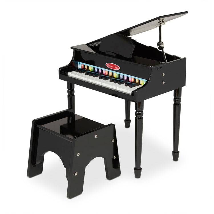 the Melissa & Doug Learn-To-Play Classic Grand Piano With 30 Keys, Color-Coded Songbook, and Non-Tip Bench