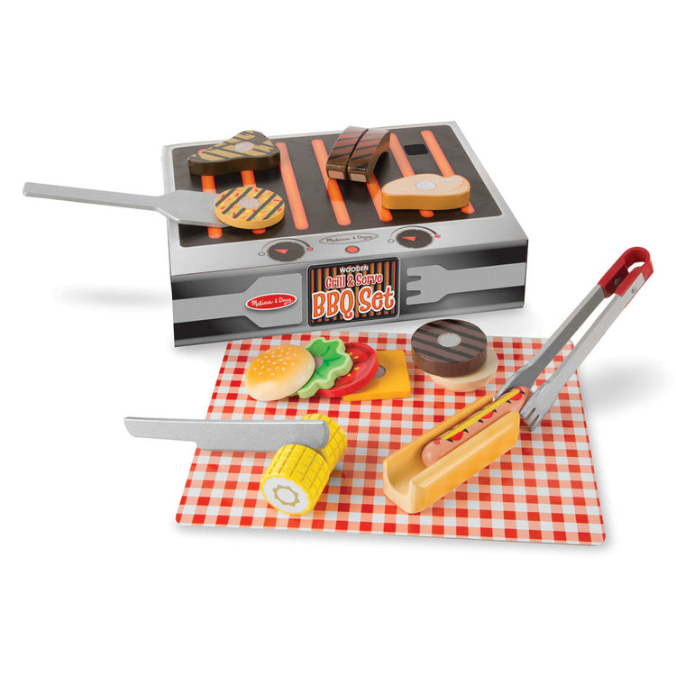 The loose pieces of the Melissa & Doug Grill and Serve BBQ Set (20 pcs) - Wooden Play Food and Accessories