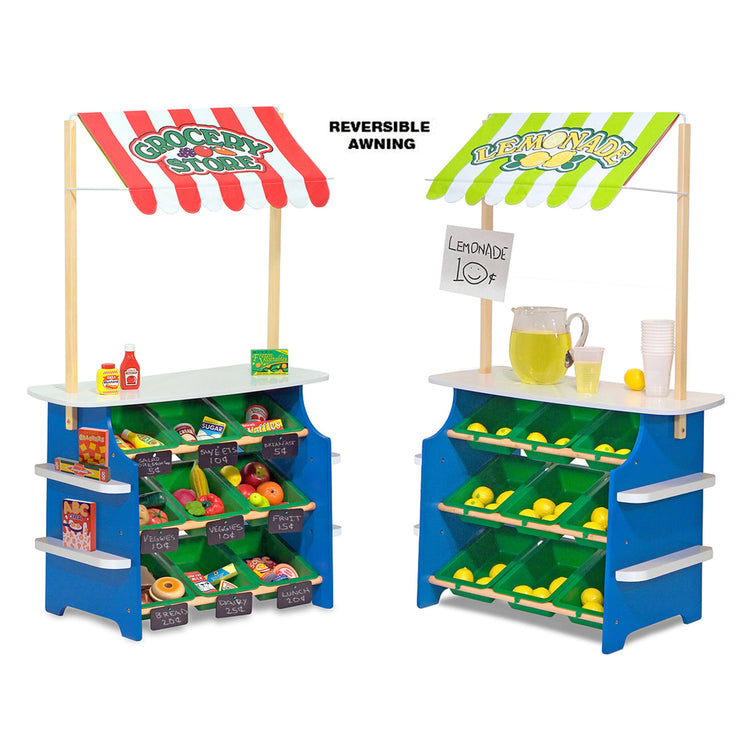 An assembled or decorated the Melissa & Doug Wooden Grocery Store and Lemonade Stand - Reversible Awning, 9 Bins, Chalkboards