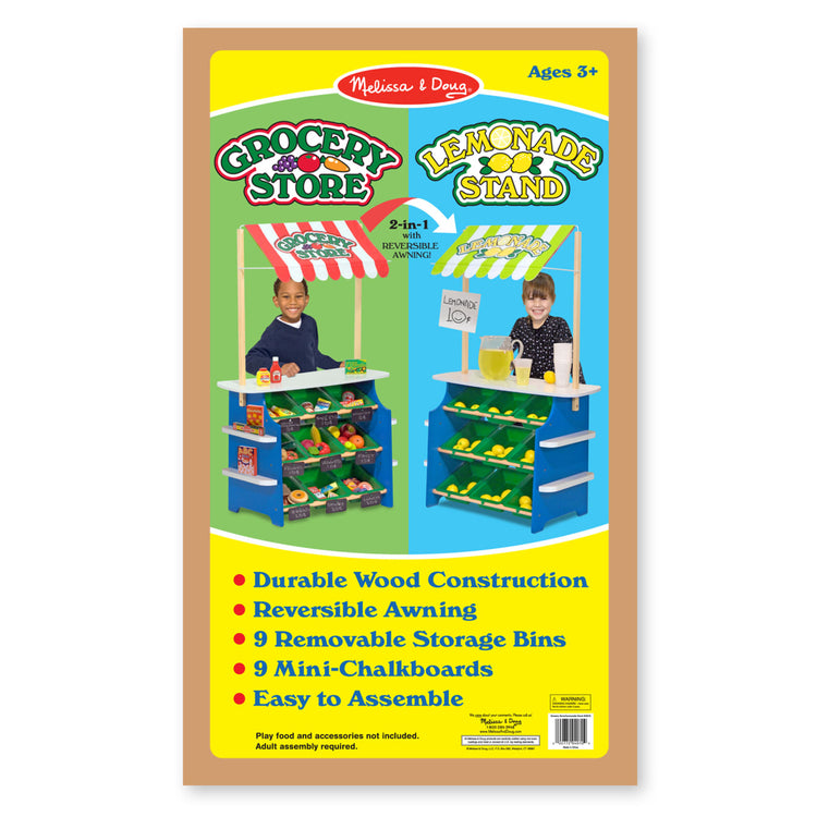 the Melissa & Doug Wooden Grocery Store and Lemonade Stand - Reversible Awning, 9 Bins, Chalkboards