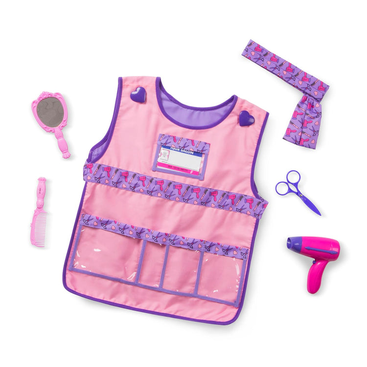 The loose pieces of the Melissa & Doug Hair Stylist Role Play Costume Dress-Up Set (7 pcs)