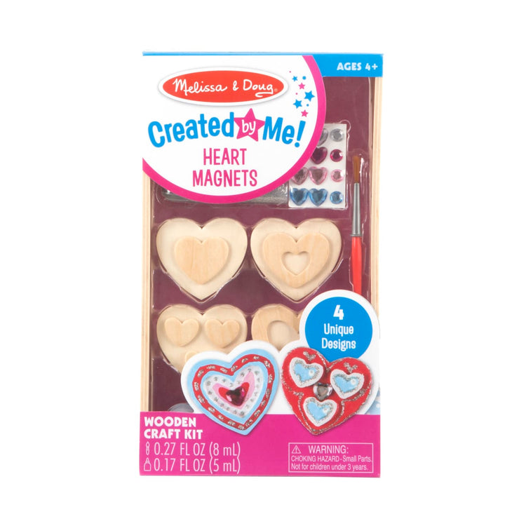 The front of the box for the Melissa & Doug Created by Me! Wooden Heart Magnets Craft Kit (4 Designs, 4 Paints, Stickers, Glitter Glue)