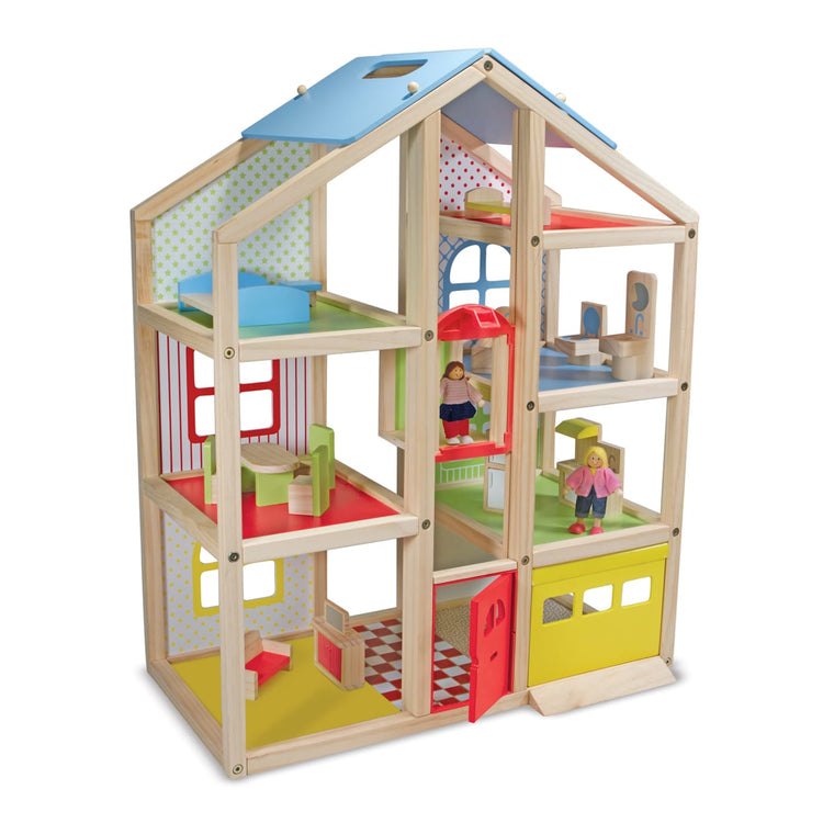 An assembled or decorated the Melissa & Doug Wooden Hi-Rise Dollhouse With 15 Furniture Pieces, Garage, Working Elevator