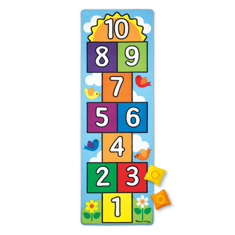 The loose pieces of the Melissa & Doug Hop and Count Hopscotch Game Rug  (3 pcs, 78.5 x 26.5 inches)